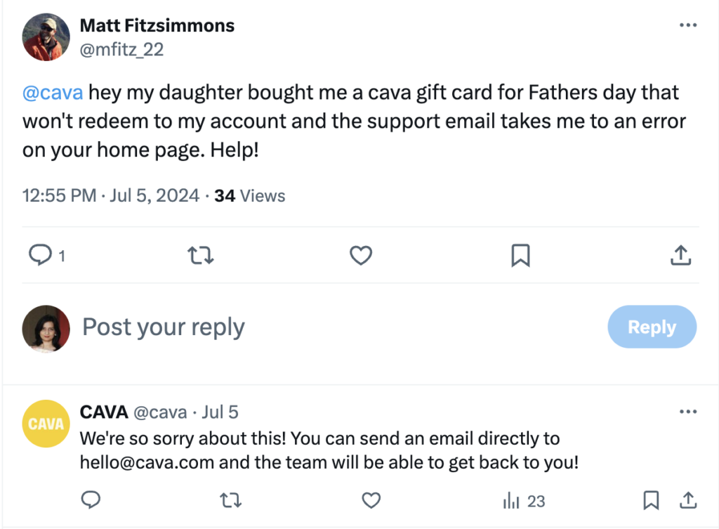 A X post that shows how Cava engages with a customer and offers help quickly, making the customer feel valued and appreciated.